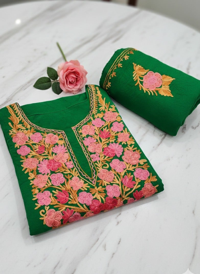 A.M Women's Kashmiri Embroidered, Green Tissue Winter Kurti with pant having Traditional Floral Design - Image 5